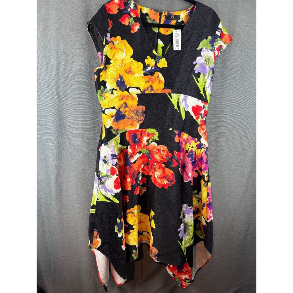 Natori Watercolor Bouquet Midi Dress Size 14 Sharkbite hem black bright floral